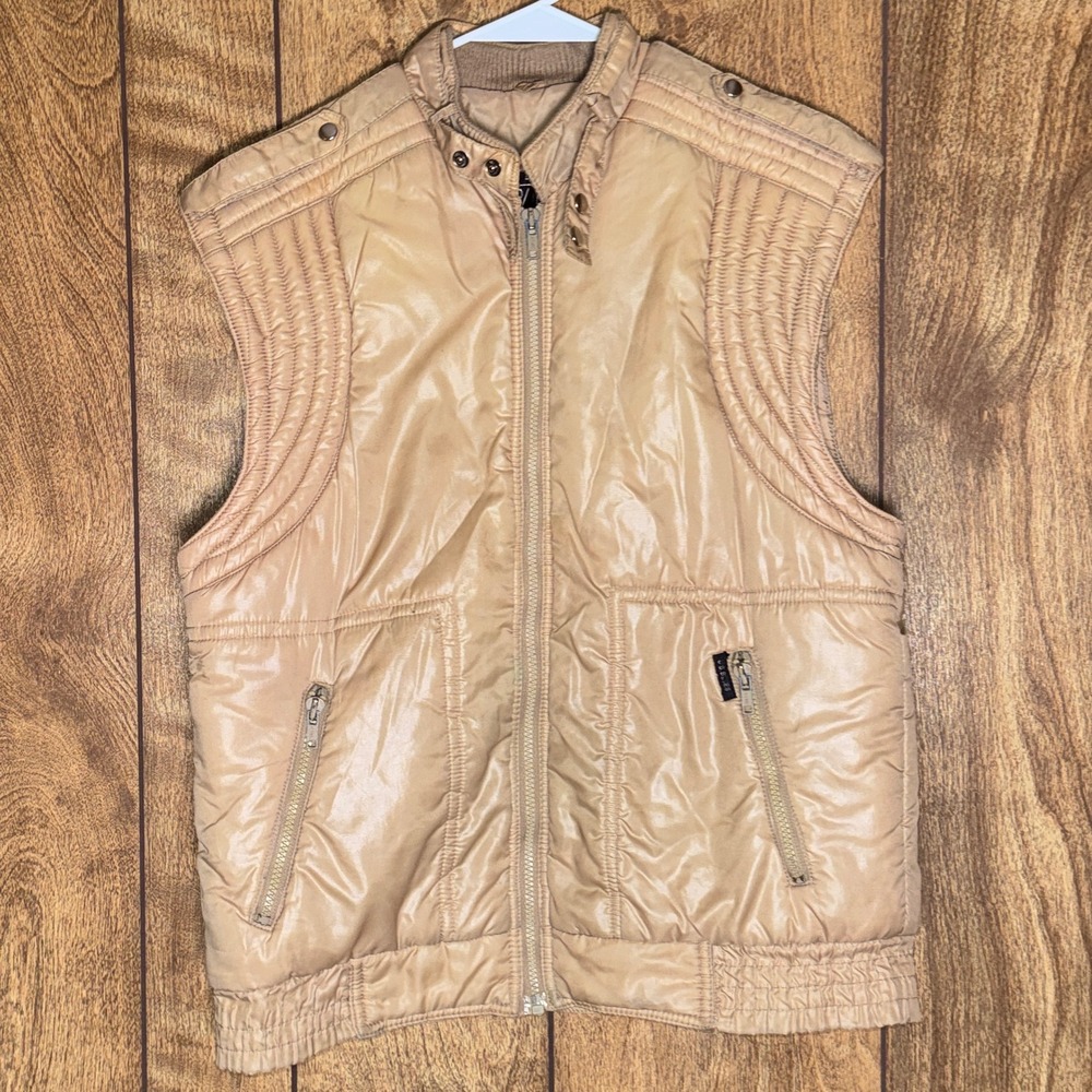 Vintage U.S. Blues Tan Puffer Vest Mens Medium Full Zip Nylon Sleeveless Jacket